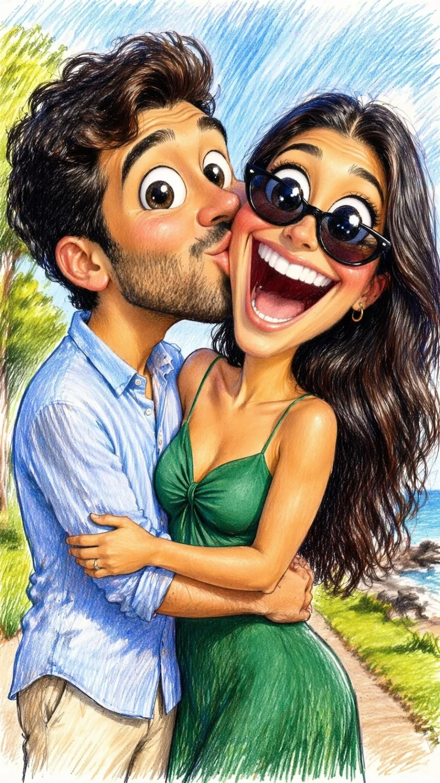 Colored Pencil Beach Couple Caricature