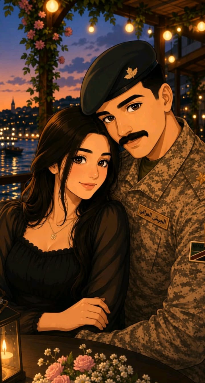 رومانسية عسكرية مرسومة في مقهى
