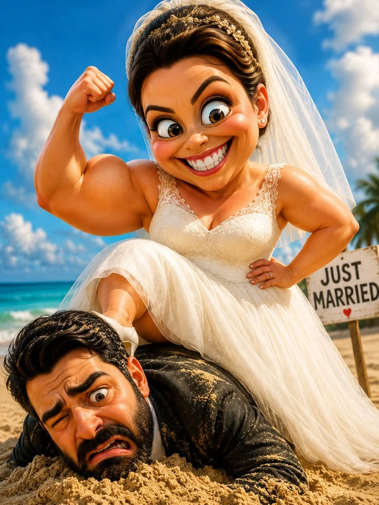 Just Married Beach Comedy Caricature